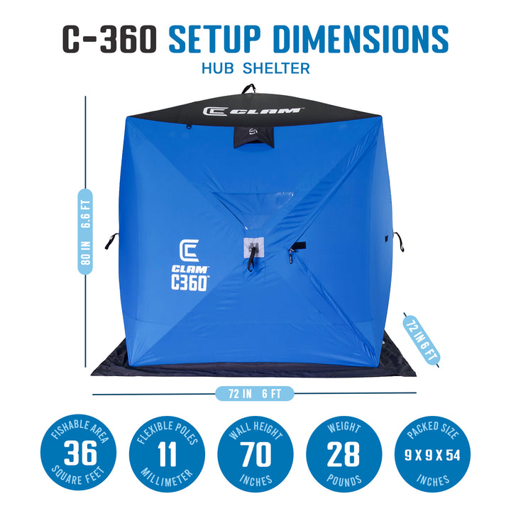 Clam 14474 C-360 6 Foot Pop Up Ice Fishing Angler Hub Shelter Tent (Open Box) - VMInnovations