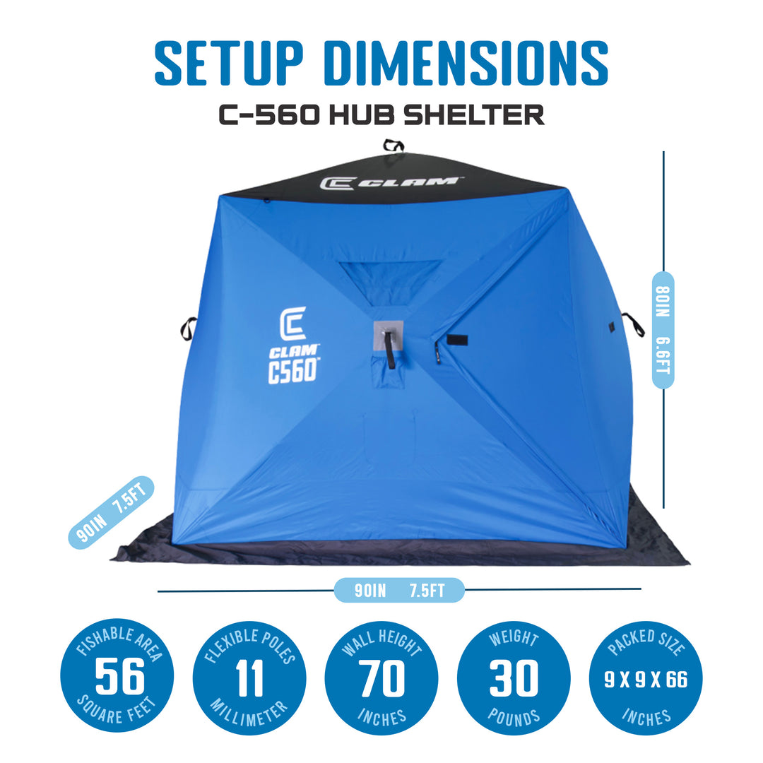 Clam 14476 7.5 Foot Pop Up Ice Fishing Angler Hub Shelter, Blue (Open Box)