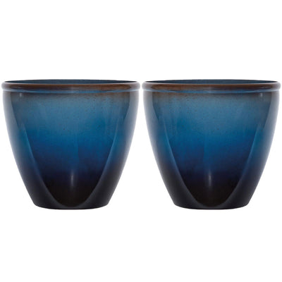 Suncast Seneca 16 Inch Decorative Resin Flower Planter Pot, Blue/Brown (2 Pack)