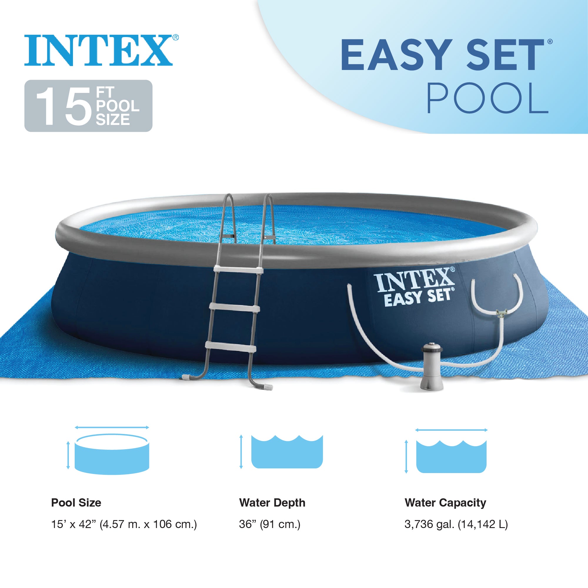Intex 15ft x 42in Easy Set Inflatable Swimming Pool w/ Ladder, Pump (Used) - VMInnovations