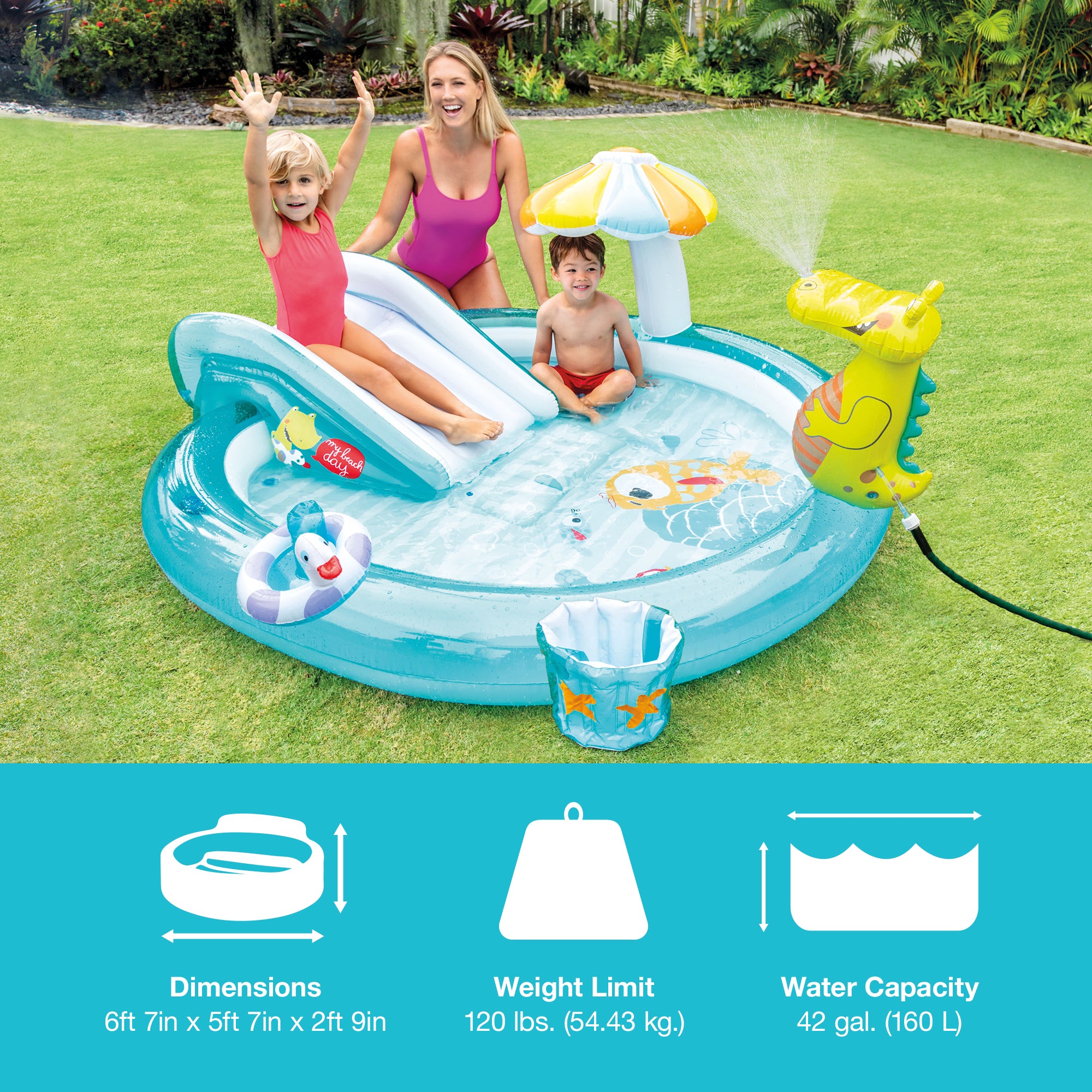 Intex Gator Outdoor Inflatable Kiddie Pool Water Play Center w/ Slide (Open Box) - VMInnovations