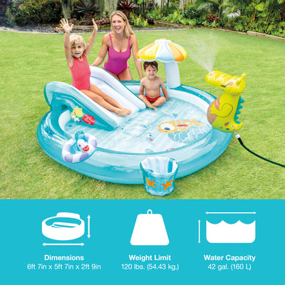 Intex Gator Outdoor Inflatable Kiddie Pool Water Play Center w/ Slide (Open Box) - VMInnovations