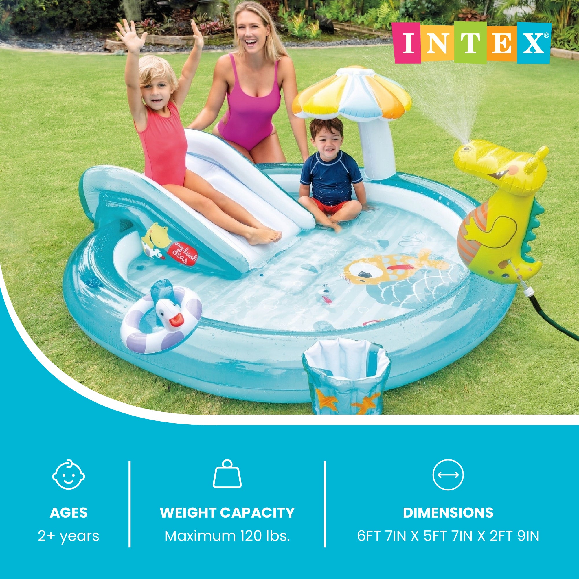 Intex Gator Outdoor Inflatable Kiddie Pool Water Play Center w/ Slide (Open Box)