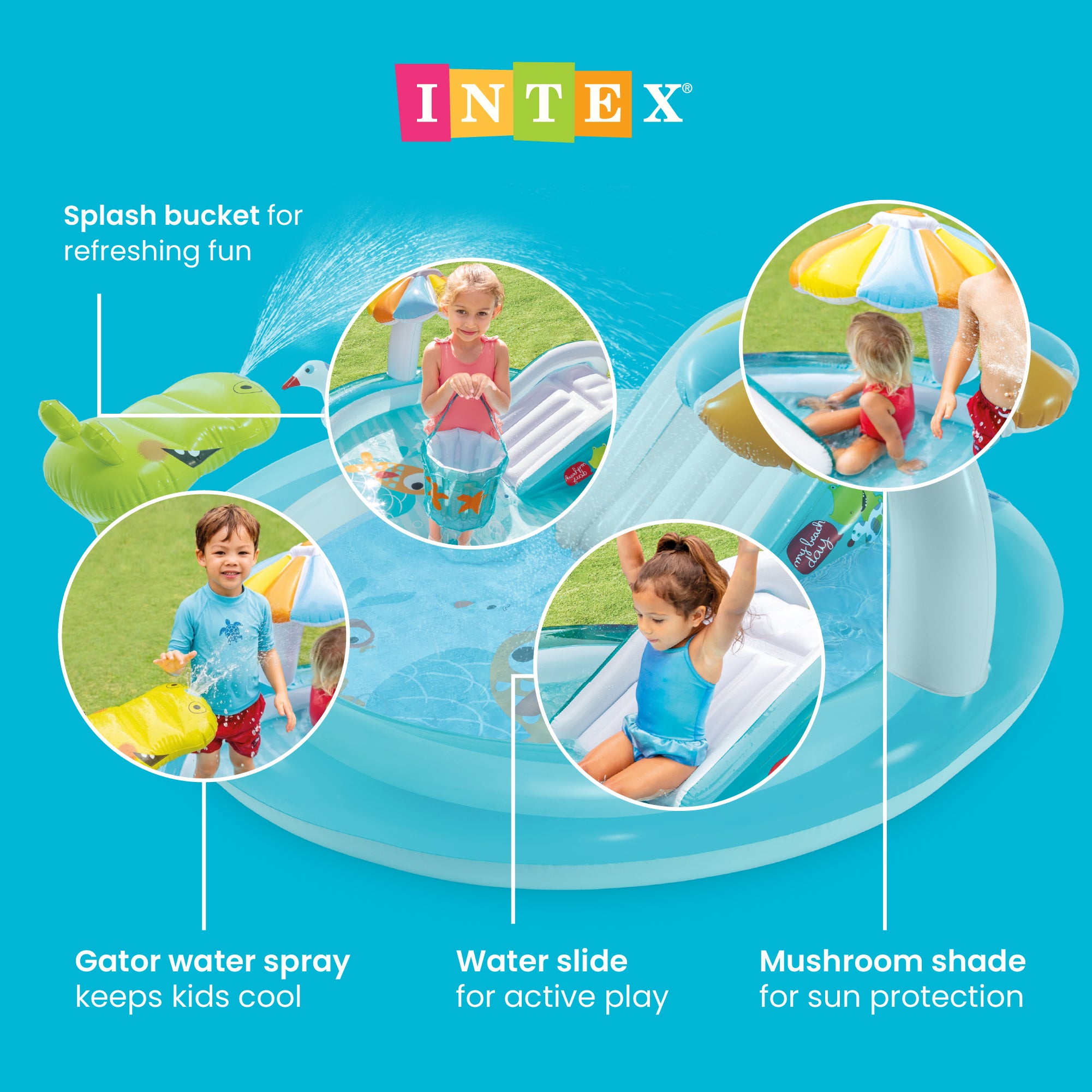 Intex Gator Outdoor Inflatable Kiddie Pool Water Play Center w/ Slide (Open Box)
