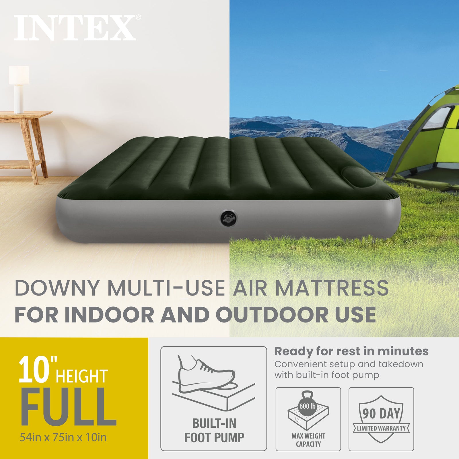 Intex Dura-Beam Standard Series Downy Airbed with Built-In Foot Pump, Full Size - VMInnovations