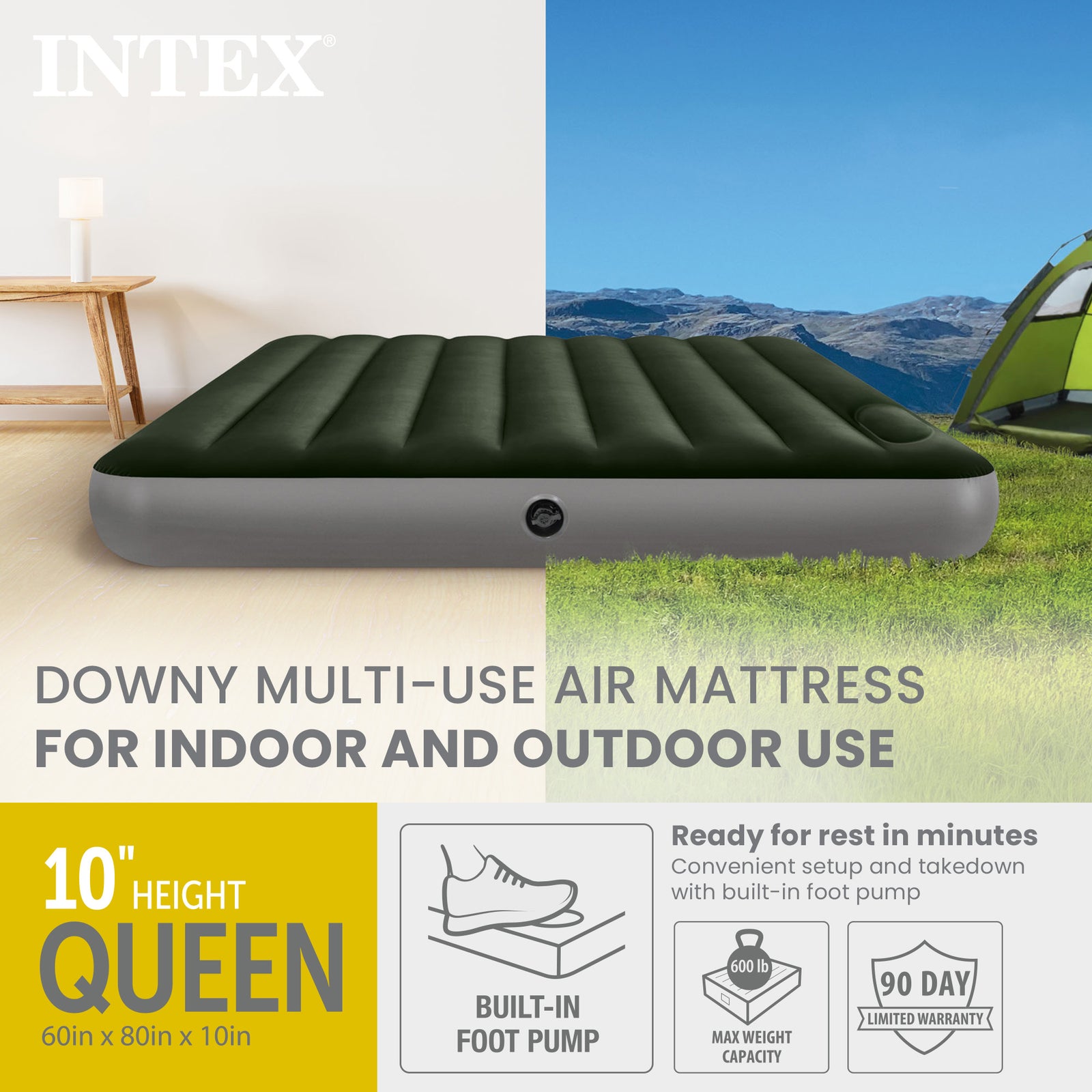 Intex 64763E Standard Dura Beam Downy Air Mattress Bed w/ Built In Pump, Queen - VMInnovations