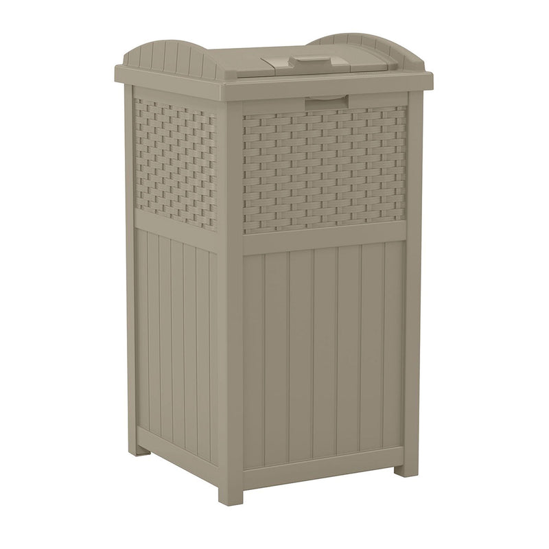 Suncast Wicker Resin Outdoor Hideaway Trash Can with Latching Lid, Dark Taupe