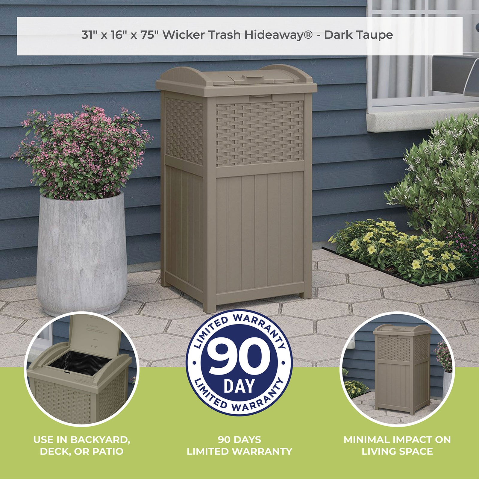 Suncast Wicker Resin Outdoor Hideaway Trash Can with Latching Lid, Dark Taupe - VMInnovations