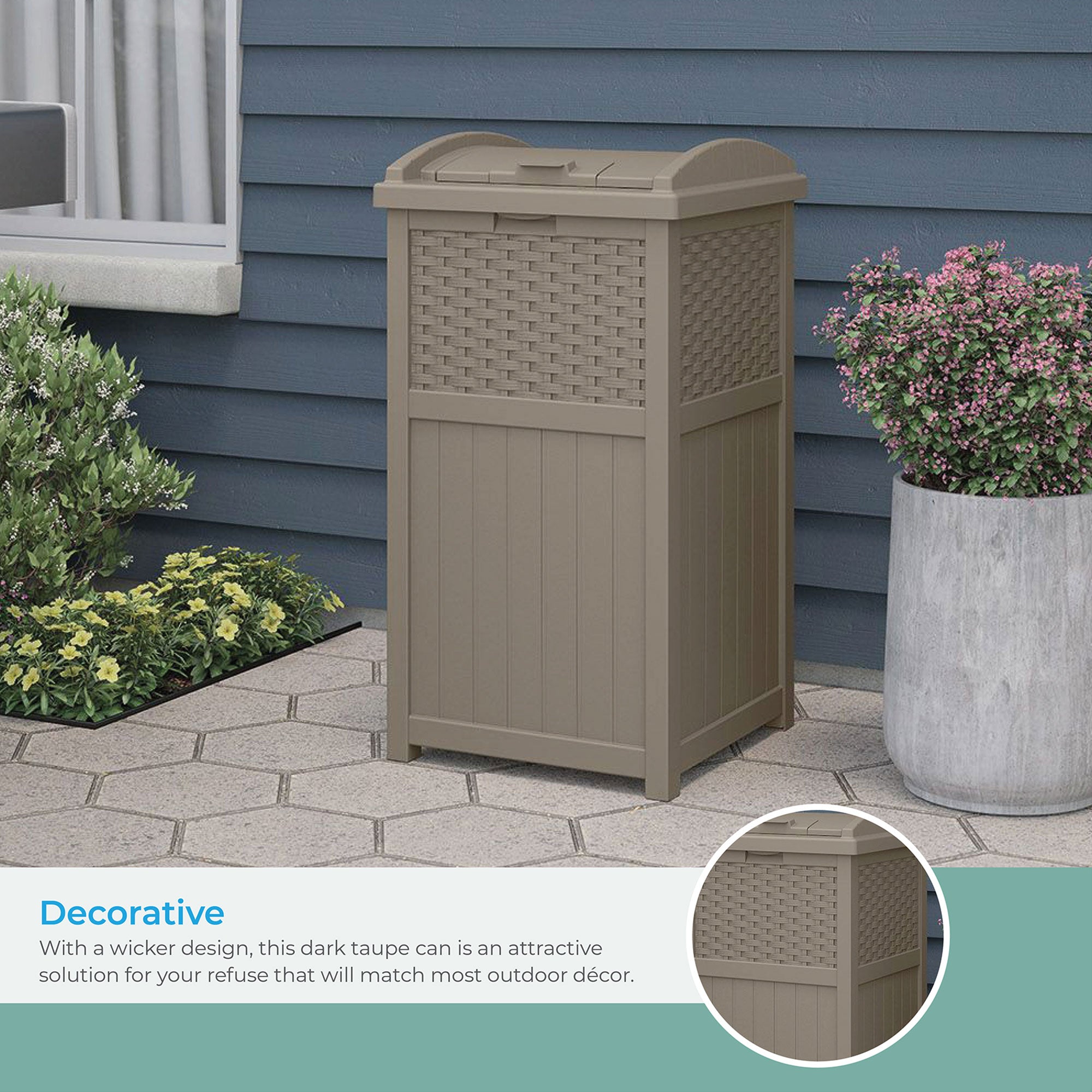 Suncast Wicker Resin Outdoor Hideaway Trash Can with Latching Lid, Dark Taupe - VMInnovations