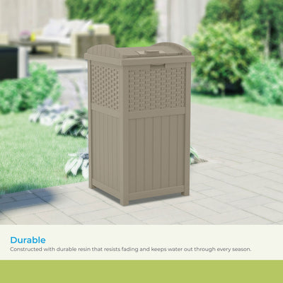 Suncast Wicker Resin Outdoor Hideaway Trash Can with Latching Lid, Dark Taupe - VMInnovations