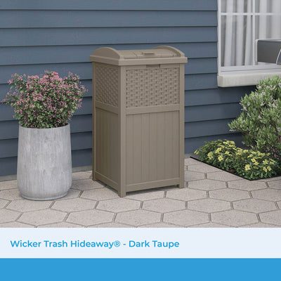 Suncast Wicker Resin Outdoor Hideaway Trash Can with Latching Lid, Dark Taupe - VMInnovations