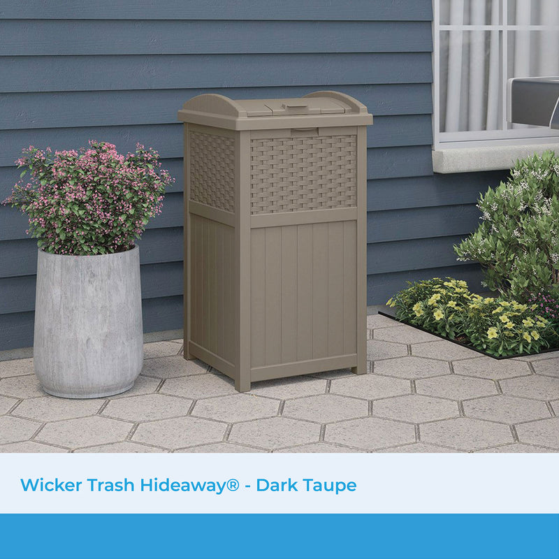 Suncast Wicker Resin Outdoor Hideaway Trash Can with Latching Lid, Dark Taupe