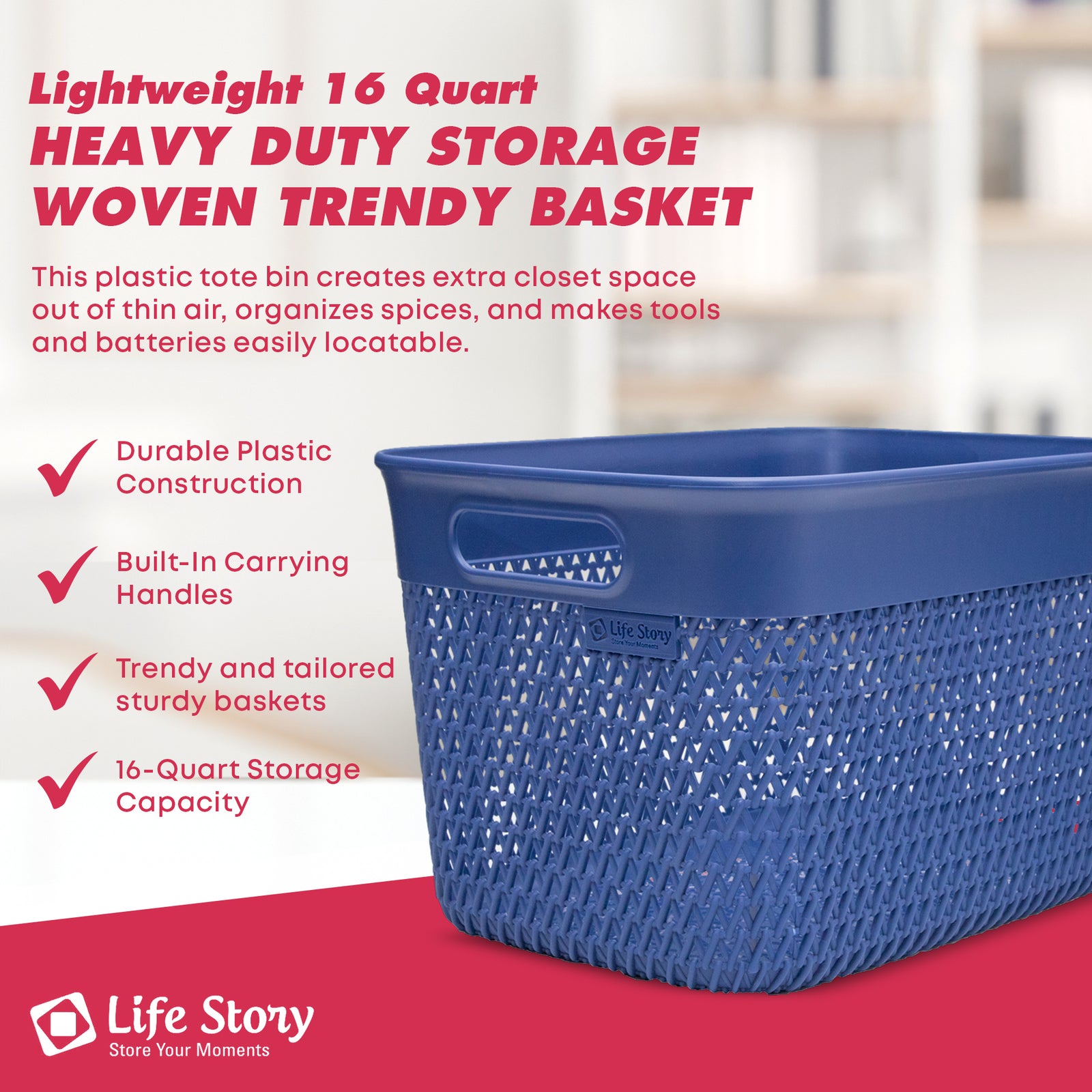 Life Story Lightweight Heavy Duty Storage Woven Trendy Basket 16 Quarts, Blue - VMInnovations