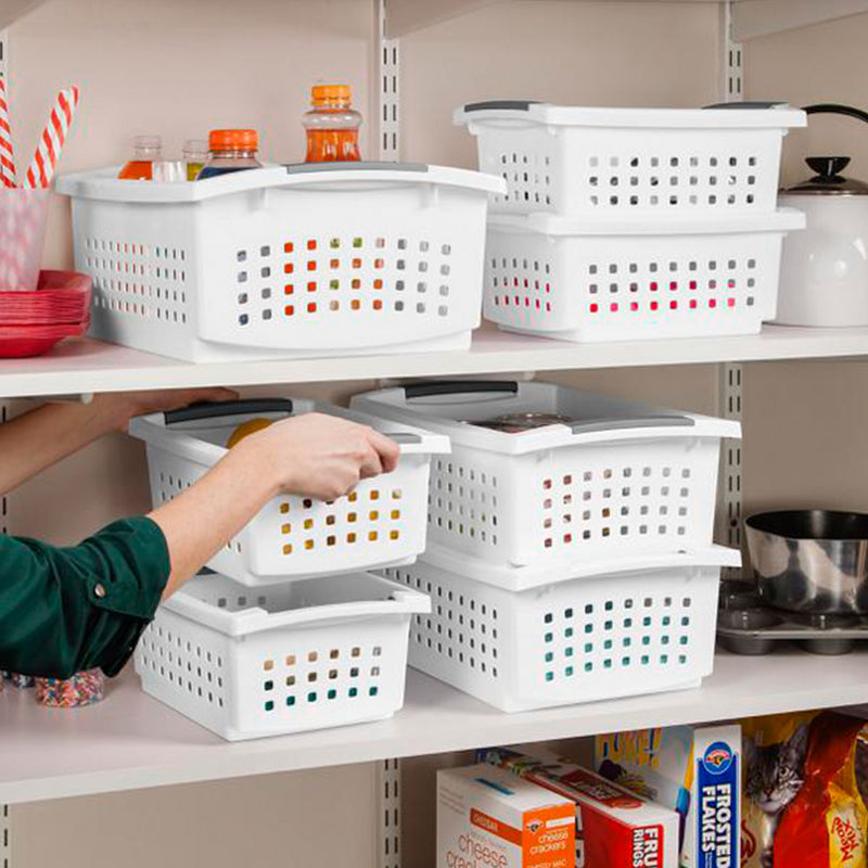 Sterilite Small Stacking Storage Basket with Comfort Grip Handles, 8 Pack, White