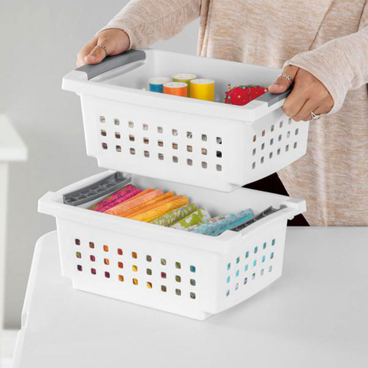 Sterilite Small Stacking Storage Basket with Comfort Grip Handles, 8 Pack, White