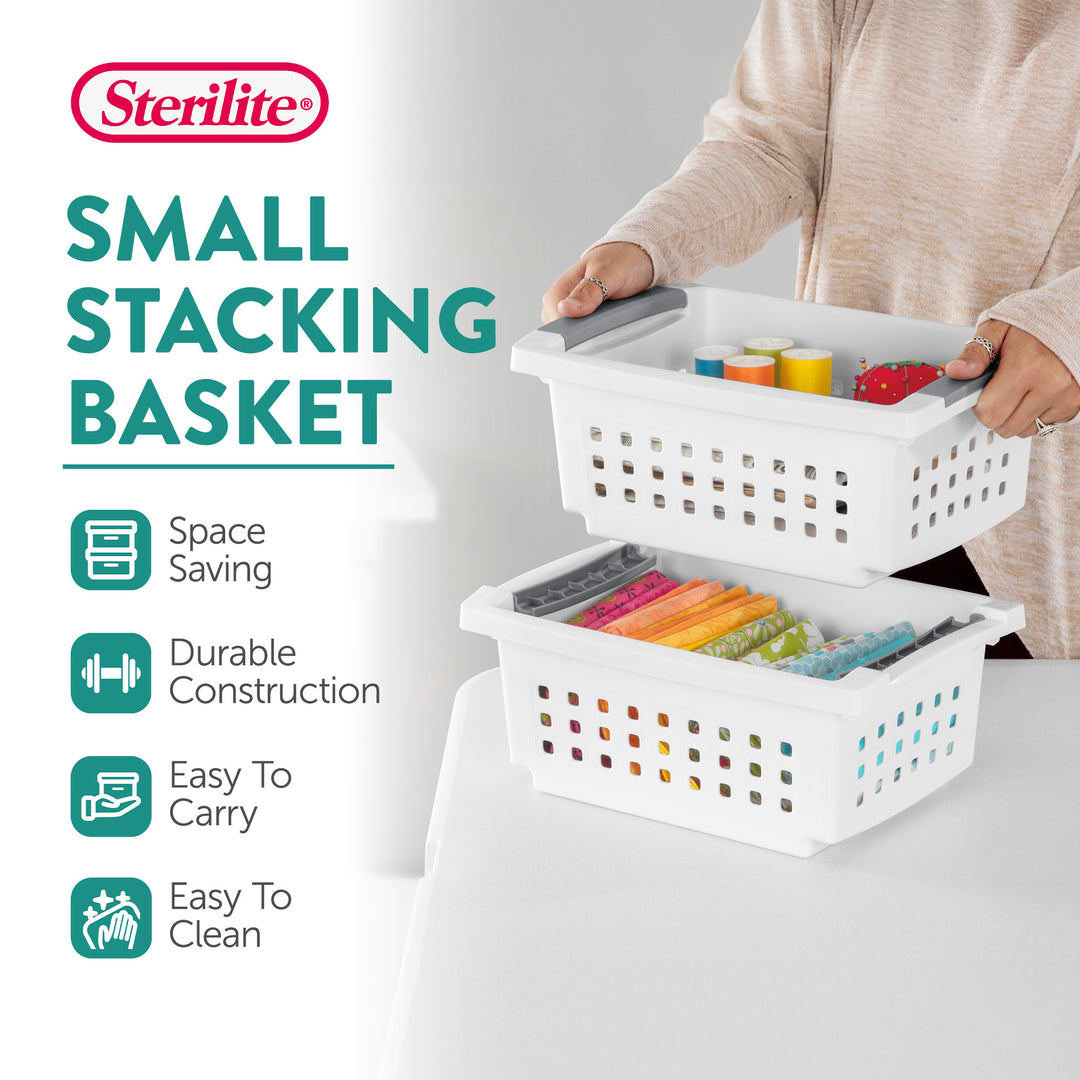 Sterilite 16608008 Small Stacking Basket with Titanium Accents, White (16 Pack)