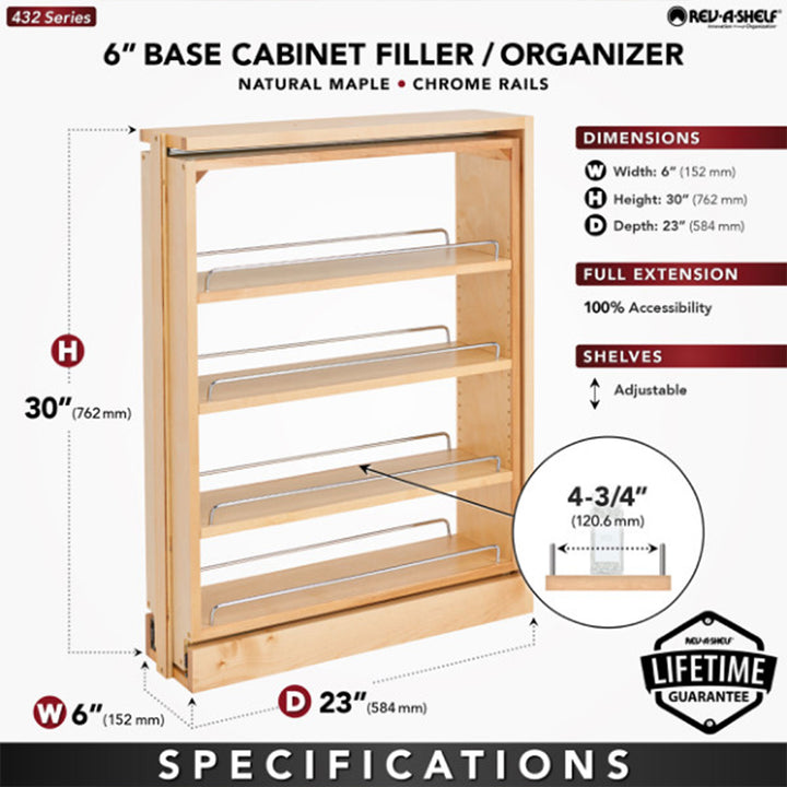 Rev-A-Shelf 6" Pullout Kitchen Cabinet Filler Organizer Spice Rack, 432-BF-6C