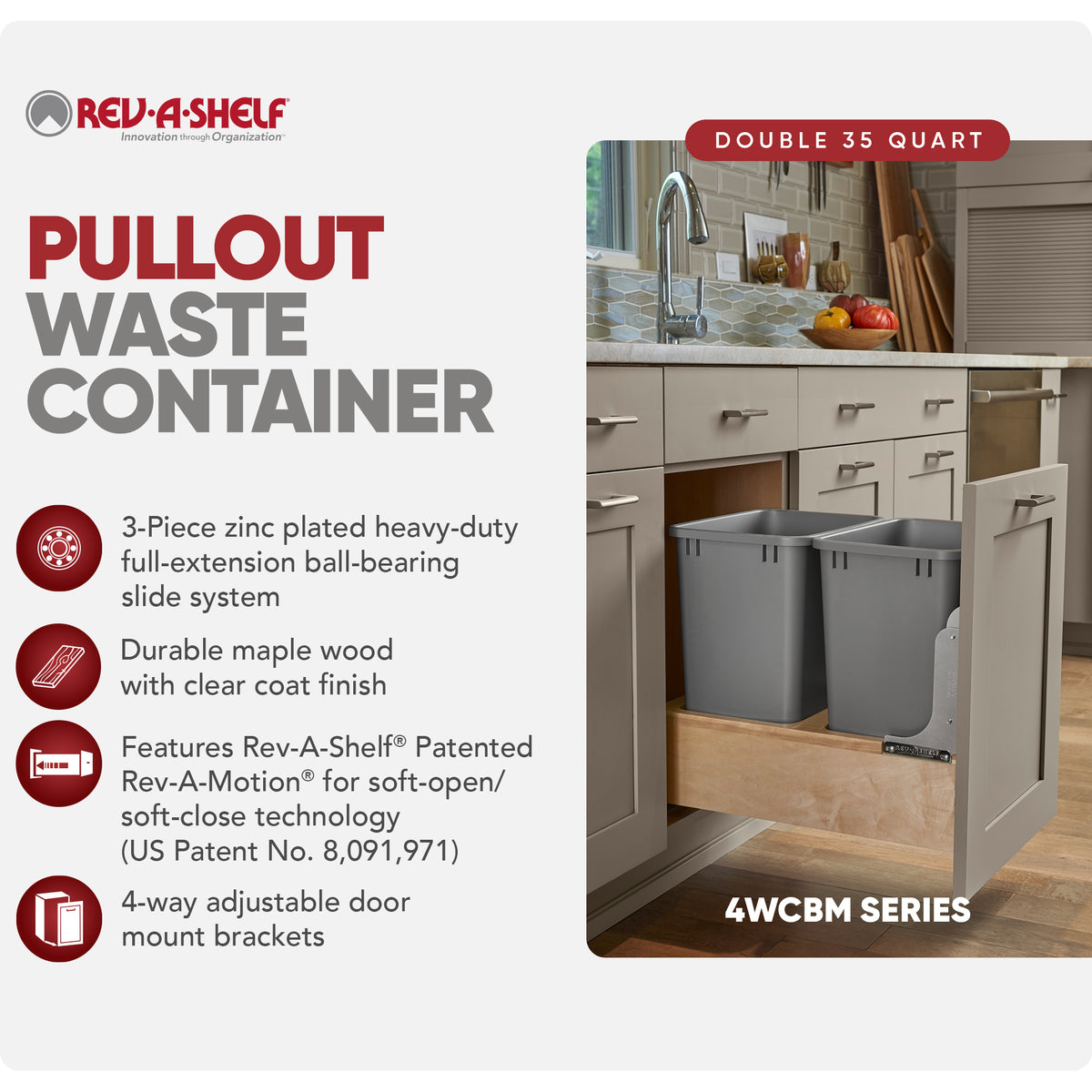 Rev-A-Shelf 4WCBM-18DM-2 Double 35-Quart Bottom Mount Pullout Waste Container (For Parts)