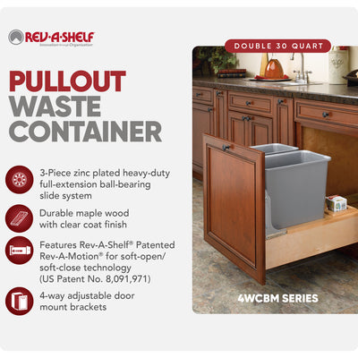 Rev-A-Shelf Double Pullout Bottom Mount Trash Cans 30 qt., Gray, 4WCBM-2430DM-2