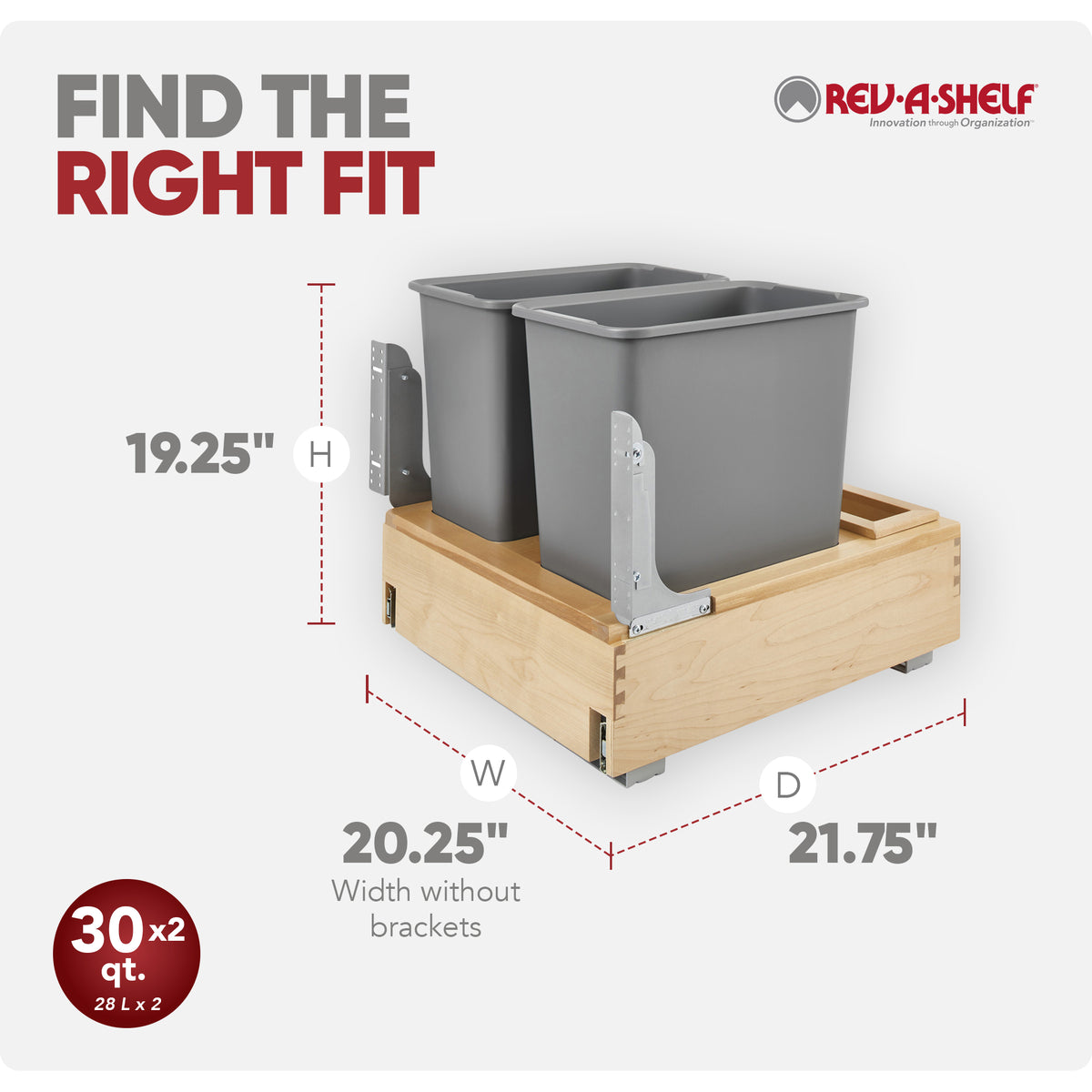 Rev-A-Shelf Double Pullout Bottom Mount Trash Cans 30 qt., Gray, 4WCBM-2430DM-2