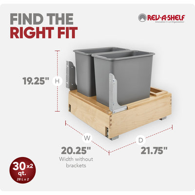 Rev-A-Shelf Double Pullout Bottom Mount Trash Cans 30 qt., Gray, 4WCBM-2430DM-2