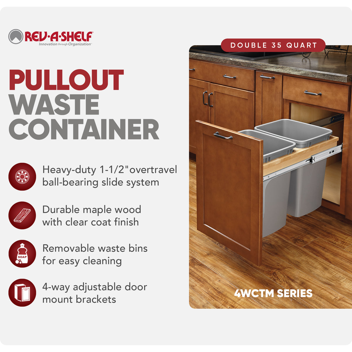 Rev-A-Shelf 4WCTM-18BBSCDM2 Double 35 Quart Pullout Waste Container (Open Box)
