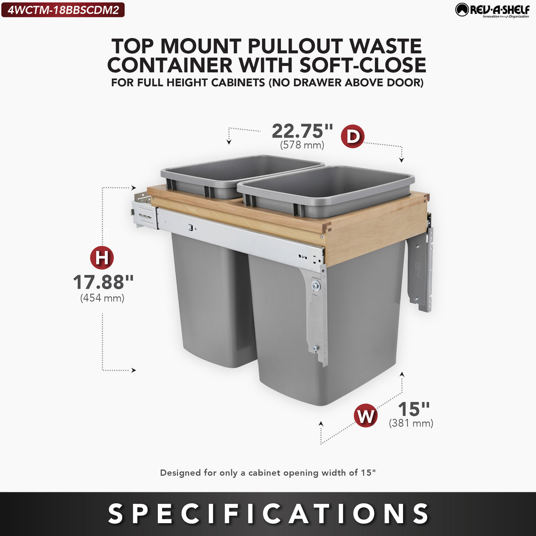 Rev-A-Shelf Pullout Top Mount Trash Can w/ Soft-close, 35 qt., 4WCTM-18BBSCDM2