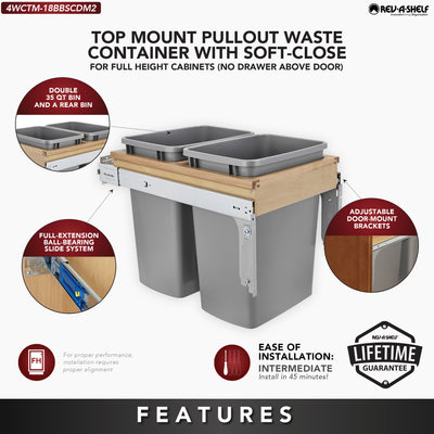 Rev-A-Shelf Pullout Top Mount Trash Can w/ Soft-close, 35 qt., 4WCTM-18BBSCDM2