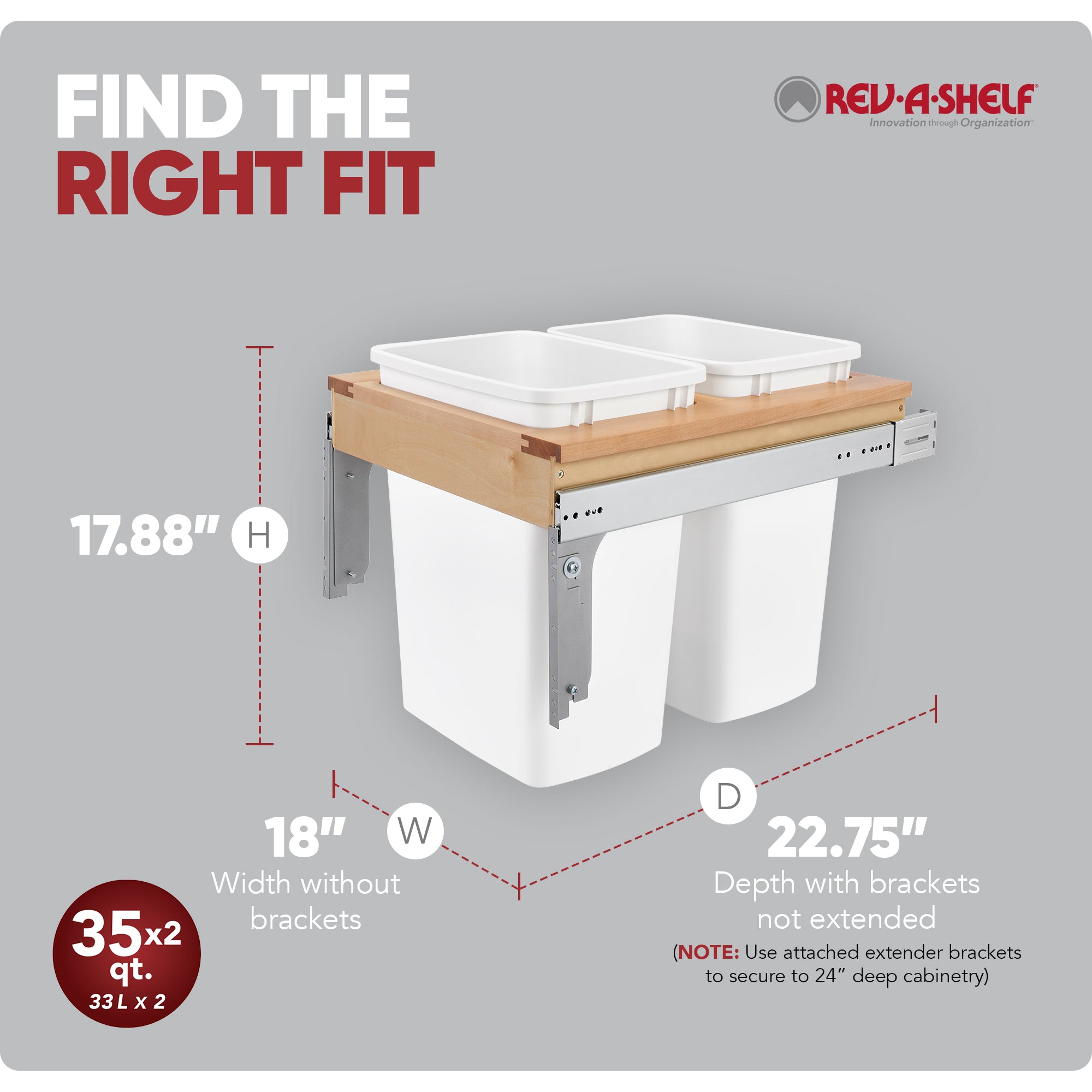 Rev-A-Shelf Double Pullout Top Mount Trash Can 35 qt., White, 4WCTM-21DM2 - VMInnovations