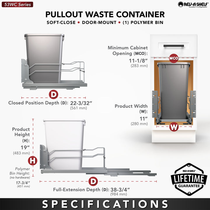 Rev-A-Shelf Pullout Kitchen Trash Can 35 qt. with Soft-close, 53WC-1535SCDM-117