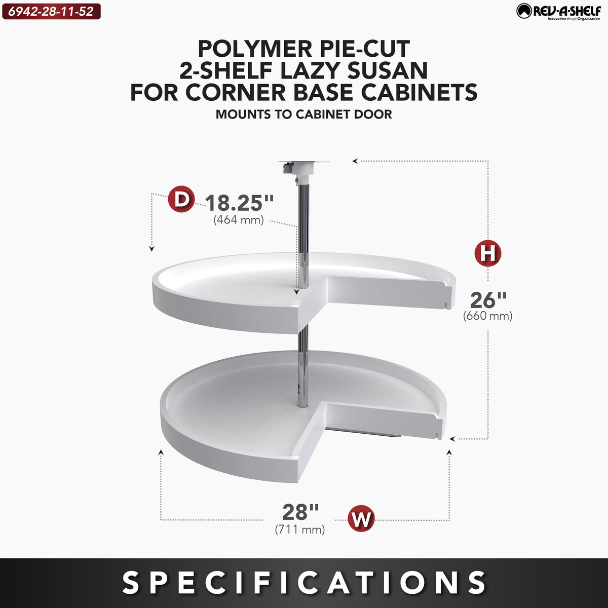 Rev-A-Shelf 6942-28-11-52 28" Polymer Pie Cut 2-Shelf Lazy Susan, White (Used)