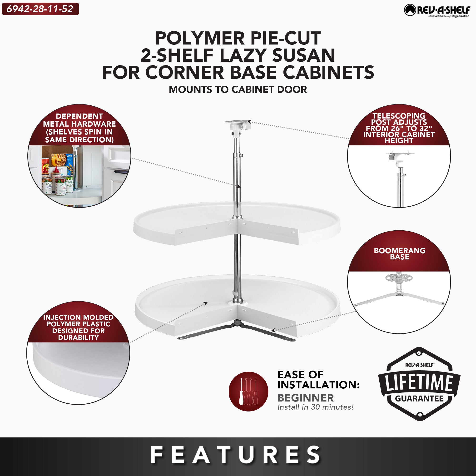 Rev-A-Shelf 6942-28-11-52 28 Inch Pie Cut 2-Shelf Lazy Susan, White (Open Box)