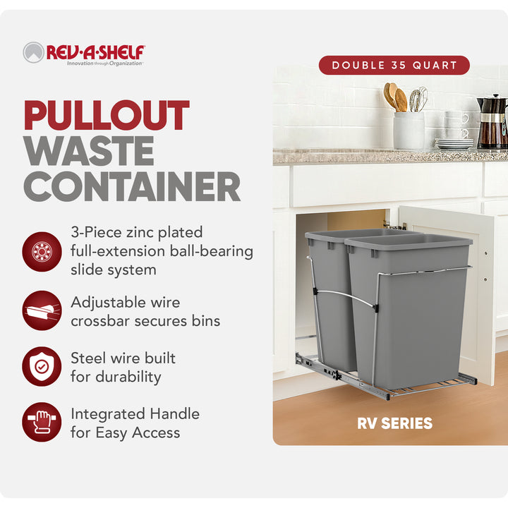 Rev-A-Shelf Double Pullout Trash Can 35 qt. for Kitchen, Silver, RV-18KD-17C S