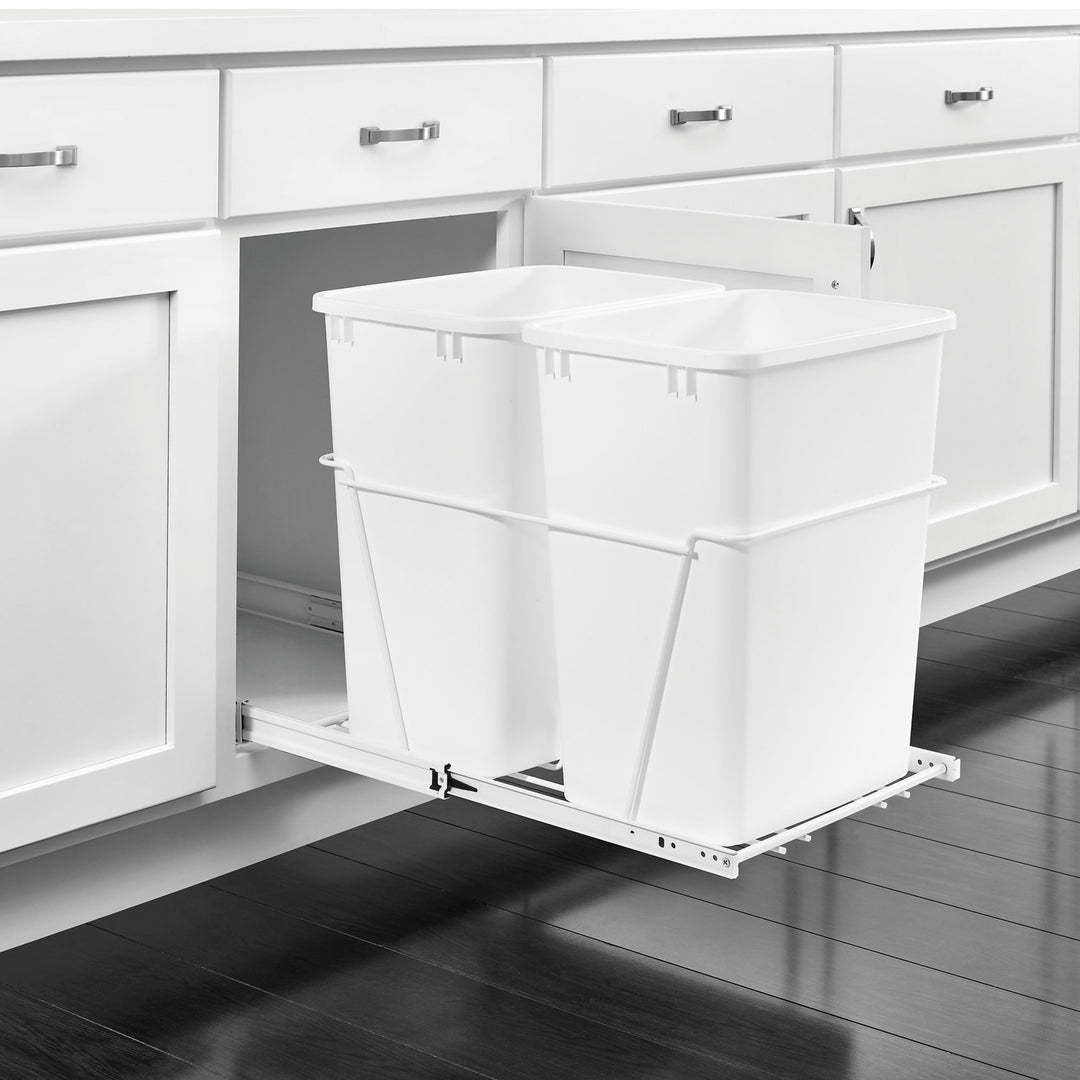 Rev-A-Shelf Double Pullout 35 qt. Trash Can for Kitchen, White, RV-18PB-1