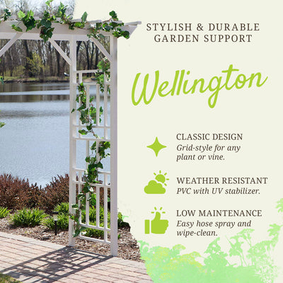 Dura-Trel Wellington Arbor 72" x 95" Outdoor Garden Arch Lattice Trellis, White