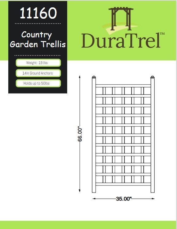 Dura-Trel Country Garden 35 x 66 Inch Vinyl Outdoor Garden Patio Trellis, White