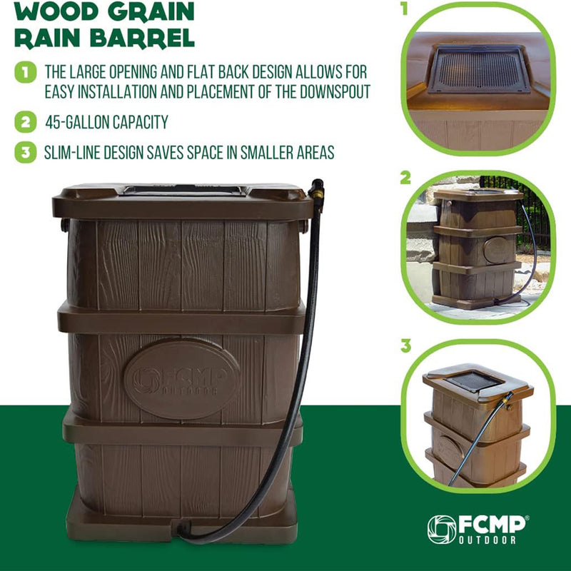 FCMP Outdoor WG4000-GRY Home Outdoor Wood Grain Rain Water Catcher Barrel, Gray
