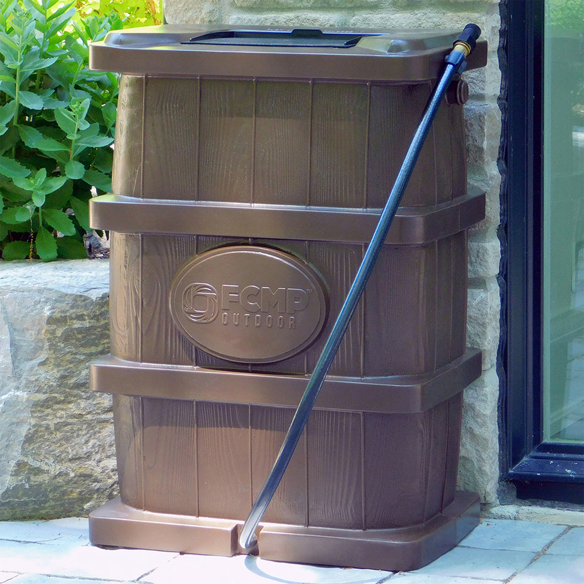 FCMP Outdoor Home Outdoor Wood Grain Rain Water Catcher Barrel, Gray (Open Box) - VMInnovations