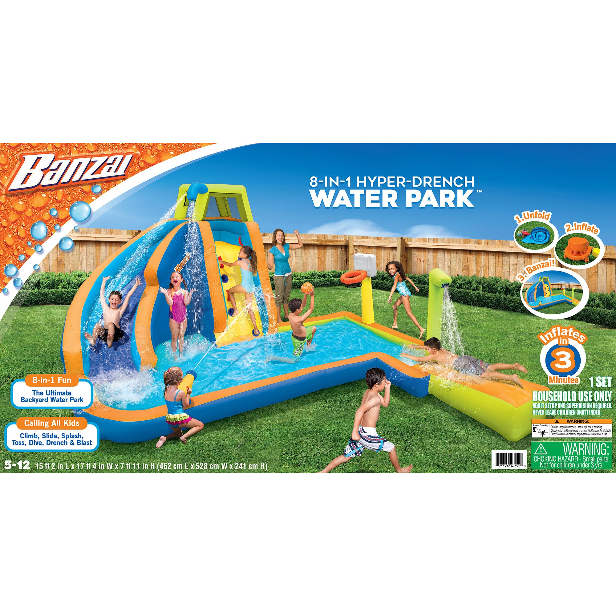 Banzai Hyper Drench 8-in-1 Giant Inflatable Water Slide Bounce House (Open Box)