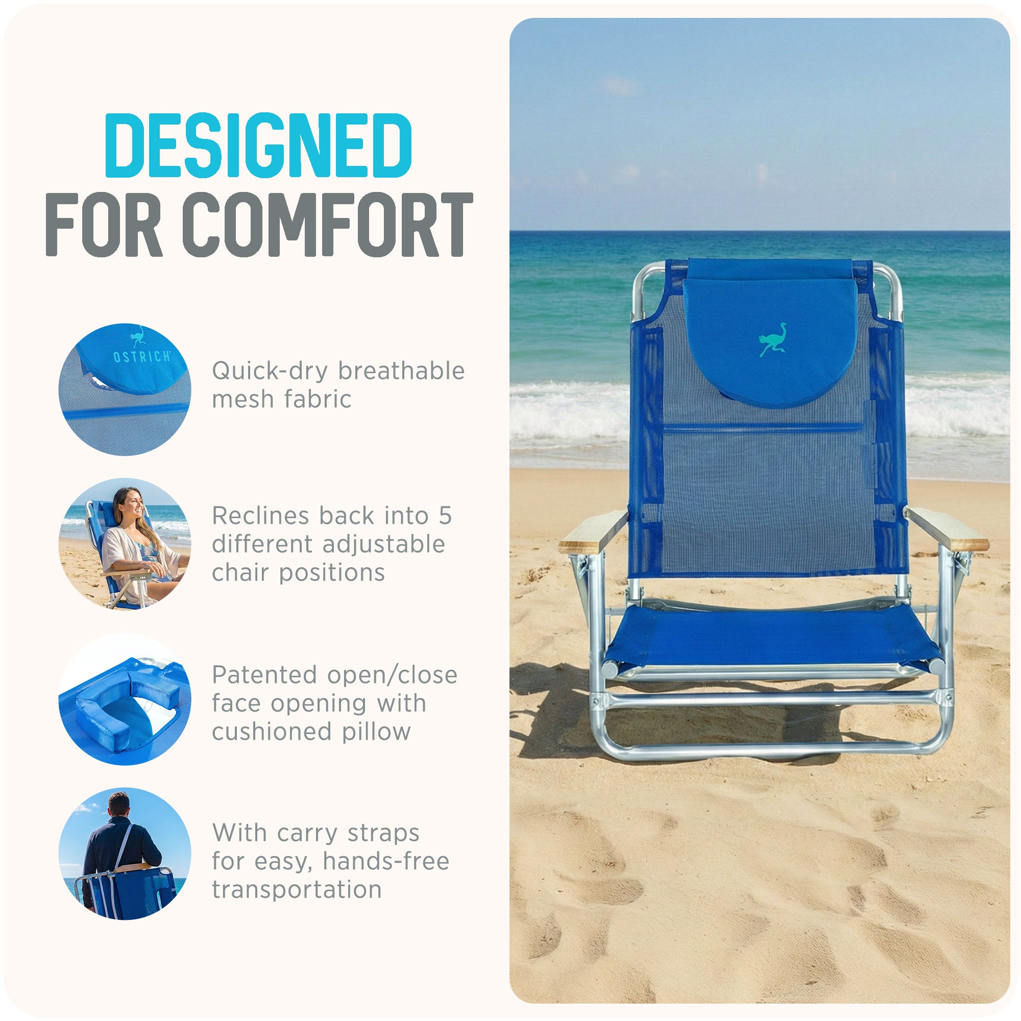 Ostrich South Beach Sand Chair, Outdoor Camping  Pool Recliner, Blue (Open Box)