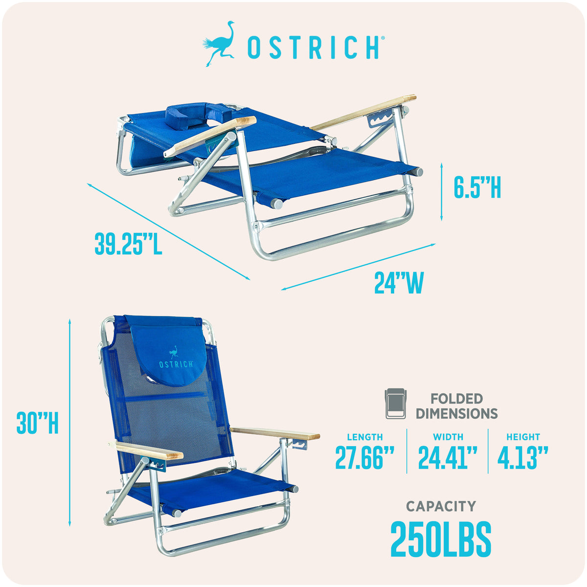 Ostrich SBSC-1016B South Adult Beach Lake Sand Lounging Chair, Blue (3 Pack)