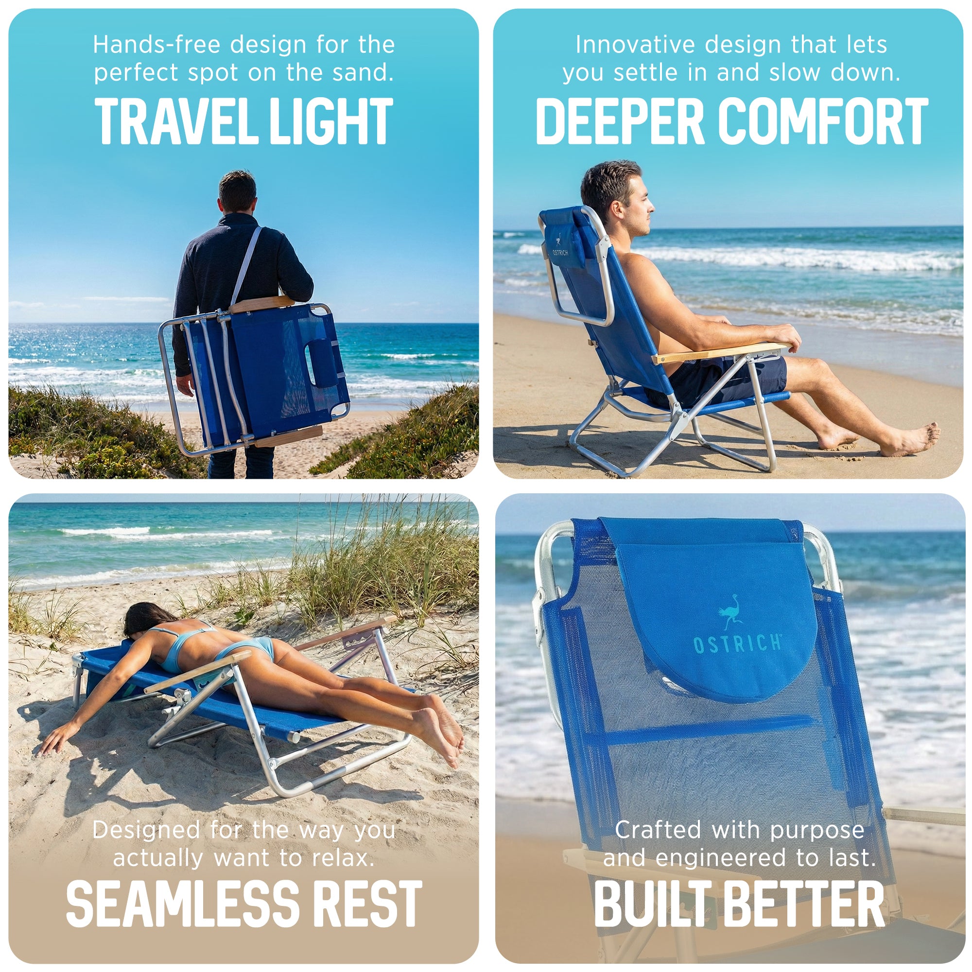 Ostrich South Beach Sand Chair, Outdoor Camping  Pool Recliner, Blue (Open Box)