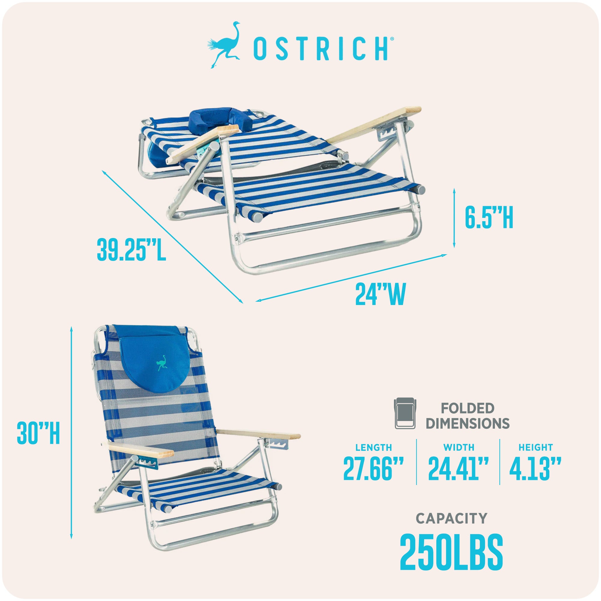 Ostrich SBSC-1016S South Adult Beach Lake Sand Lounging Chair, Striped (Used) - VMInnovations