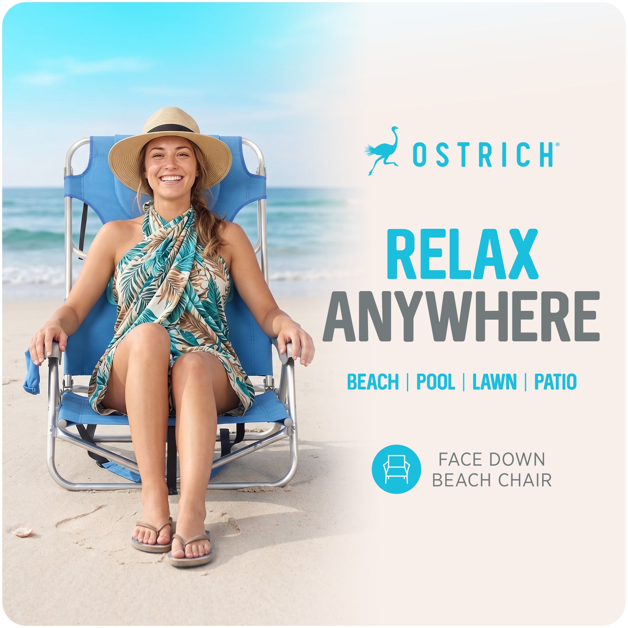 Ostrich Beach Ladies Comfort and On-Your-Back Backpack Beach Chair, Blue (Used)