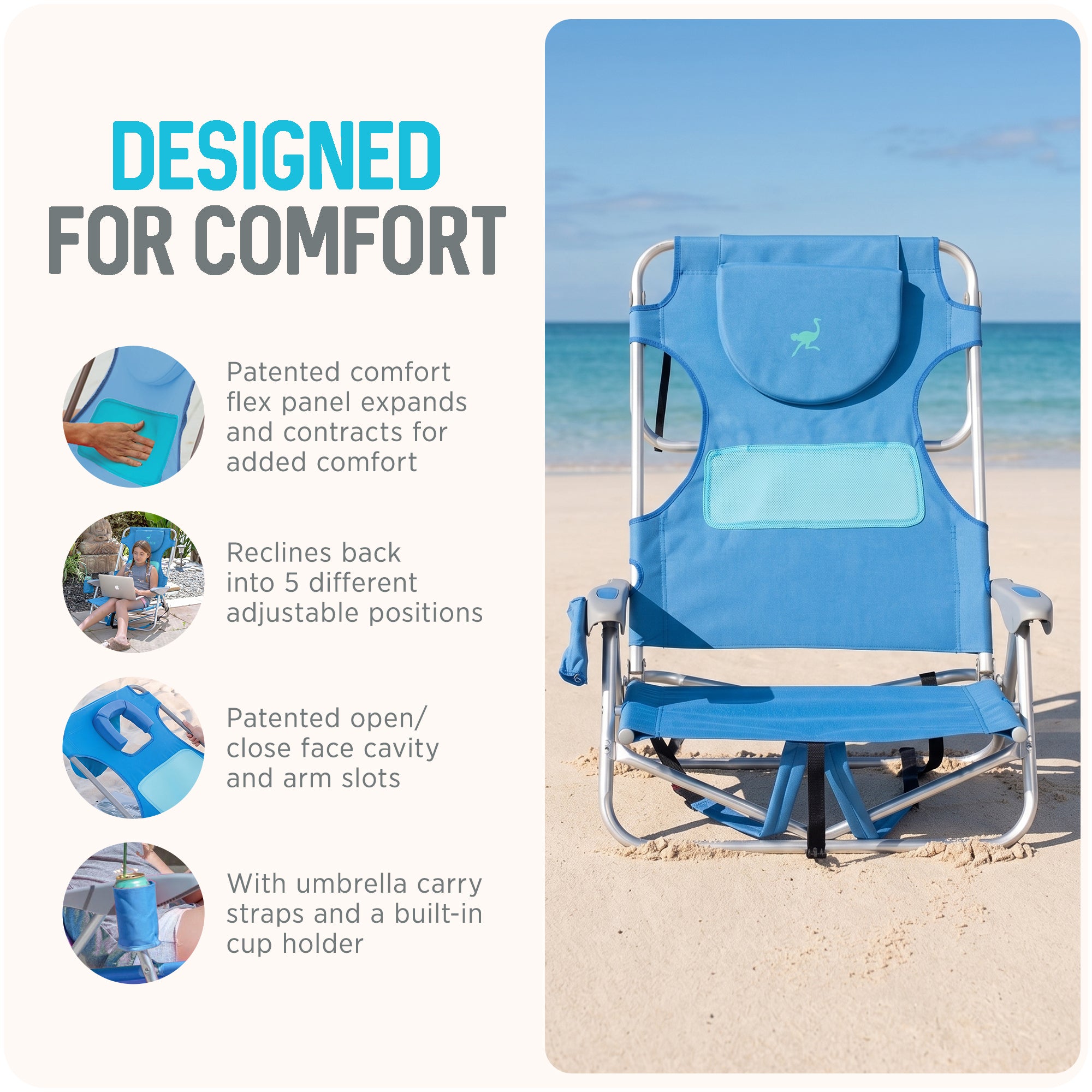 Ostrich Ladies Comfort & On-Your-Back Outdoor Beach Pool Chair, Blue (Open Box)