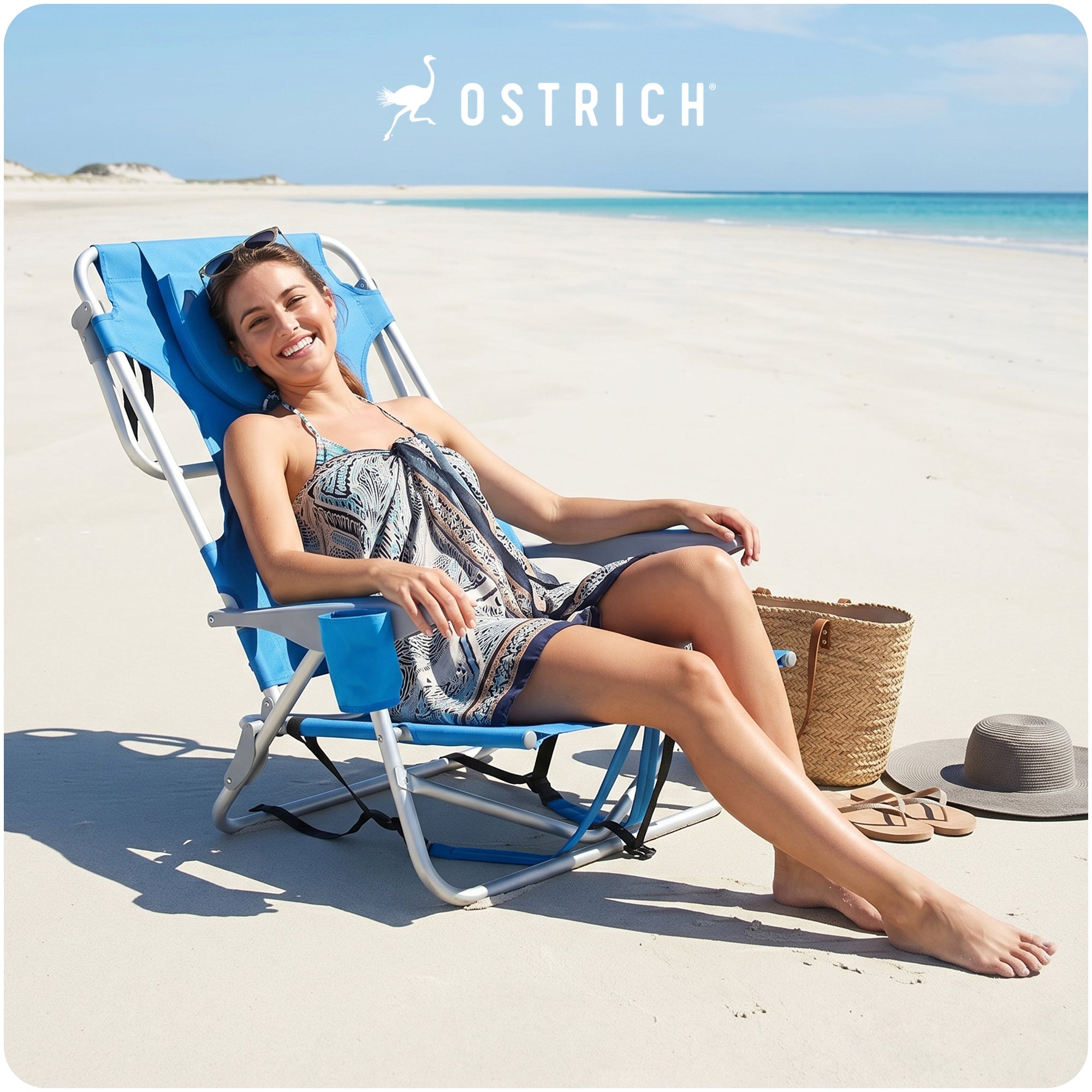 Ostrich Ladies Comfort & On-Your-Back Outdoor Beach Pool Chair, Blue (Open Box)
