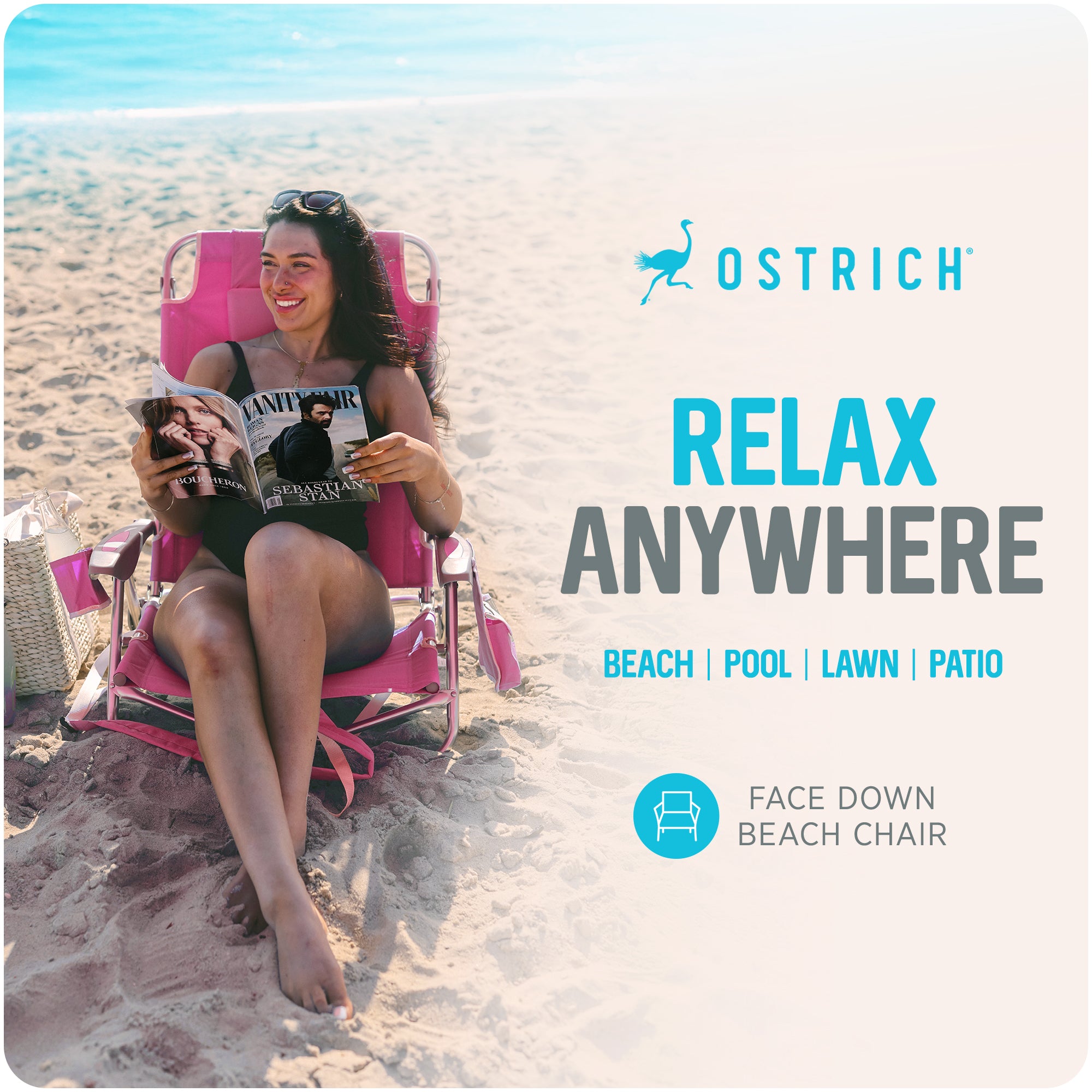 Ostrich Outdoor Beach Ladies Comfort and On-Your-Back Backpack Beach Chair, Pink (For Parts)