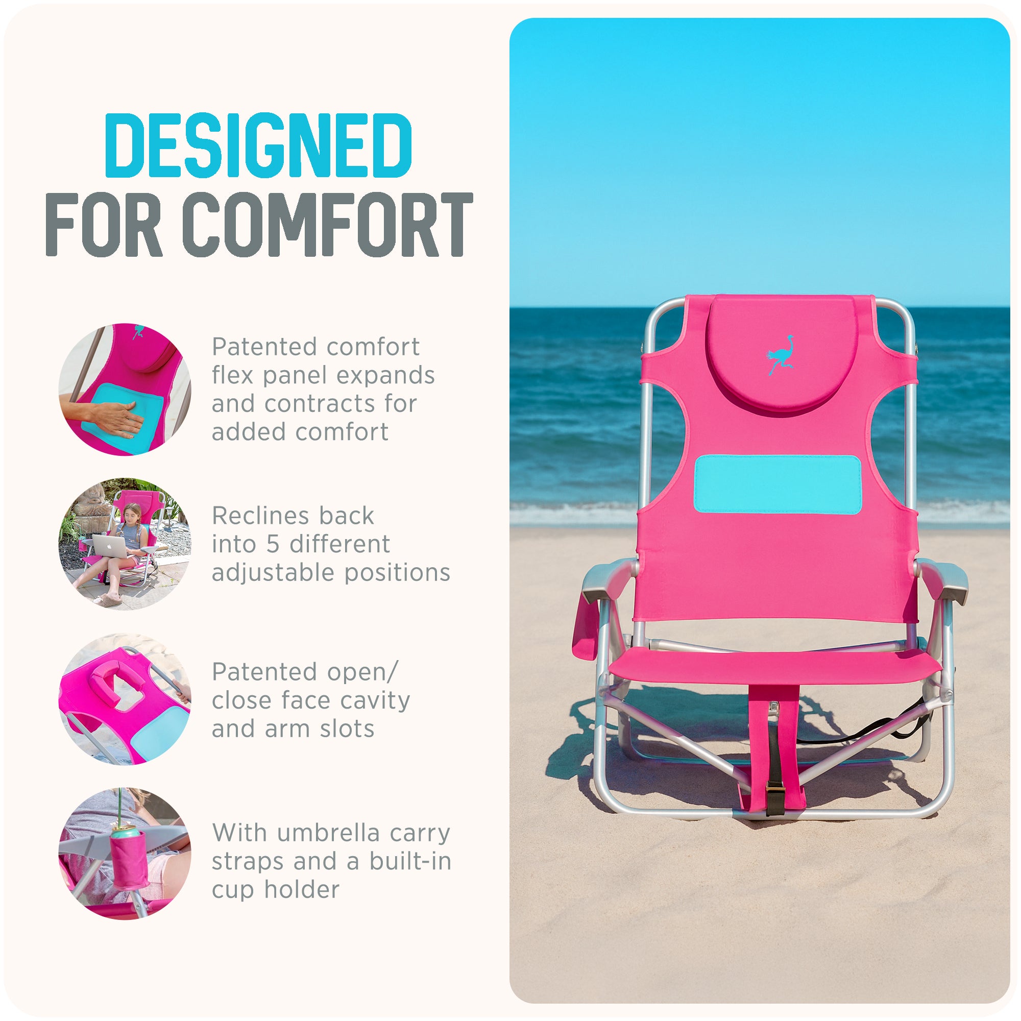 Ostrich Outdoor Beach Ladies Comfort and On-Your-Back Backpack Beach Chair, Pink (For Parts)