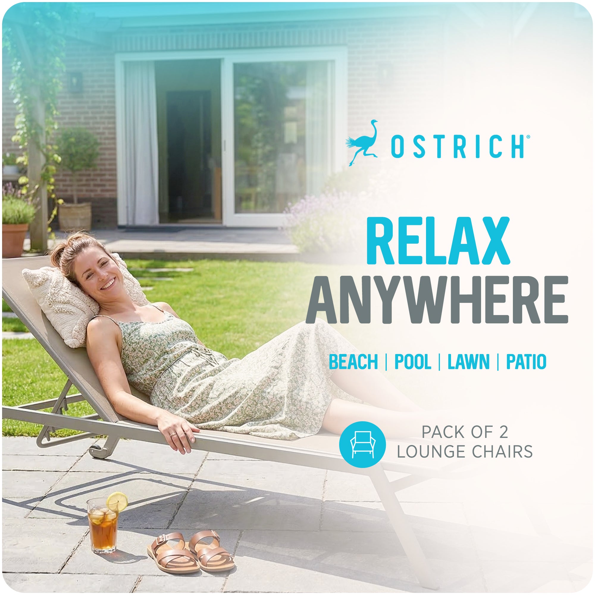 Ostrich Princeton Outdoor Chaise Lounge Pool Beach Patio Chair, Tan, 2 Pack - VMInnovations