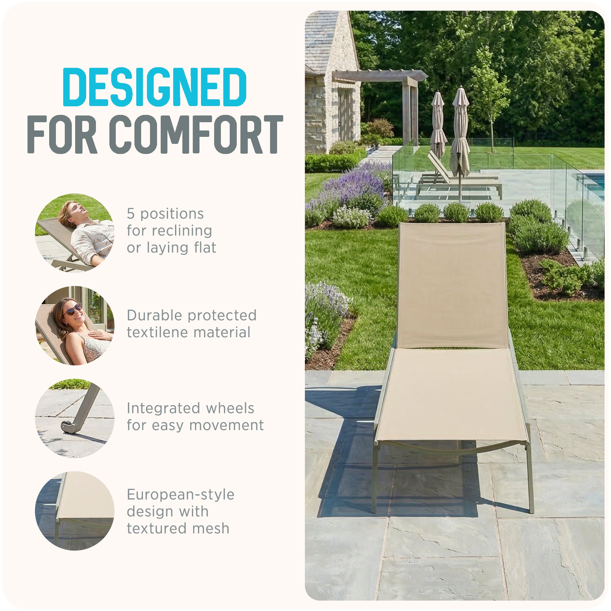 Ostrich Princeton Outdoor Chaise Lounge Pool Beach Patio Chair, Tan, 2 Pack - VMInnovations